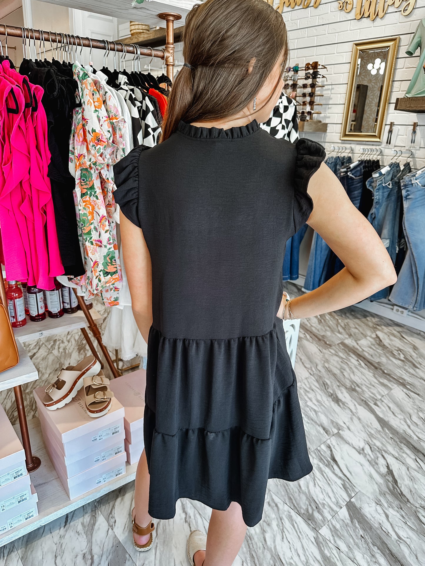 Charming Ruffle Sleeve Black Dress