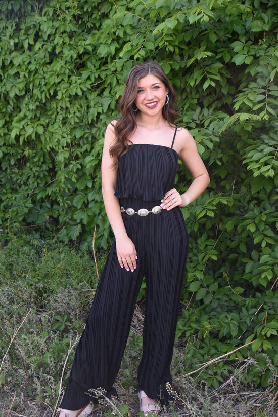 Blissfully Chic Wide Leg Pleated Black Jumpsuit