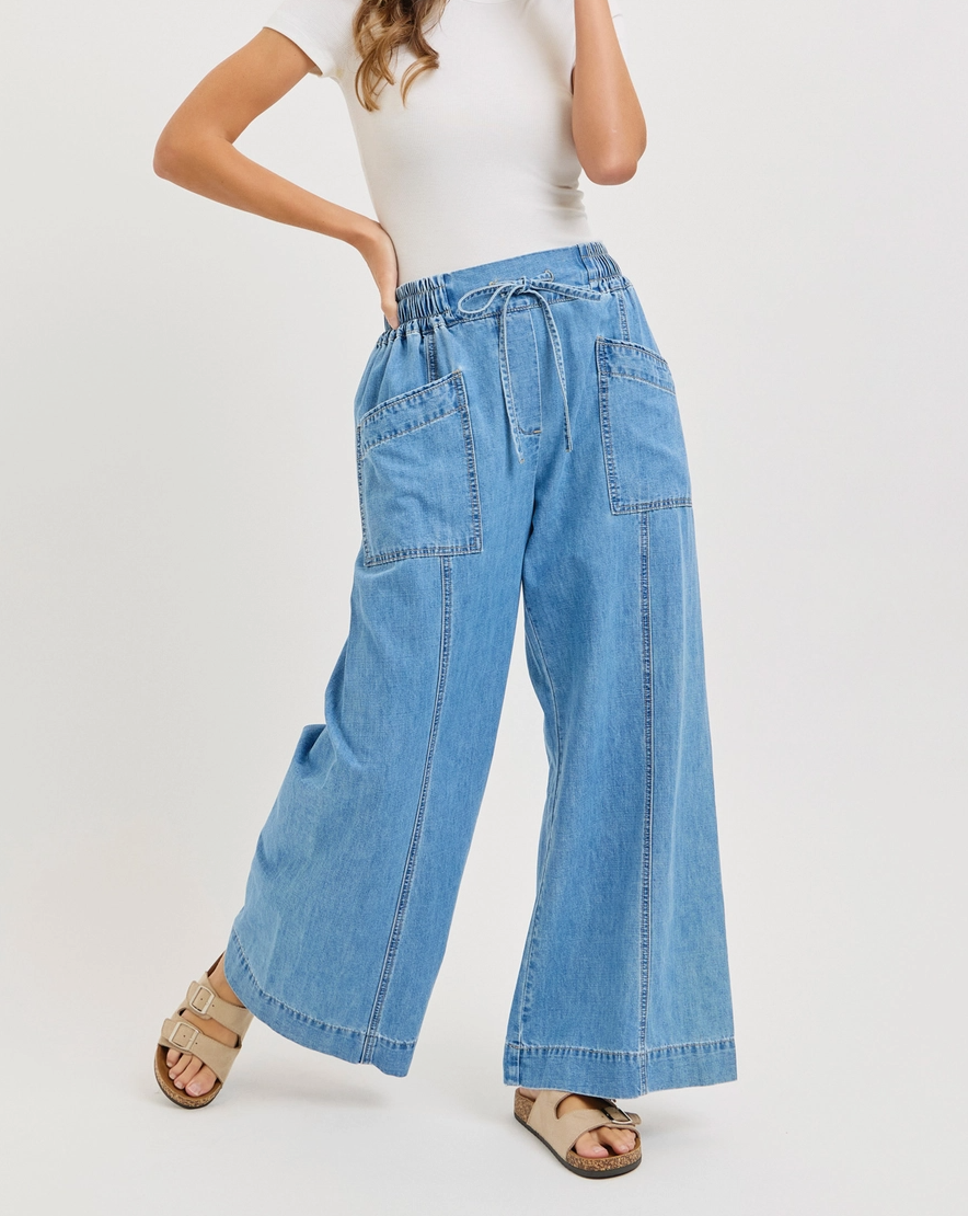 TATA FLASH × DENIM PRINT WIDE PANTS Panda Print Wide-Leg Pants – Beige & Blue - Tata Christiane パンツ