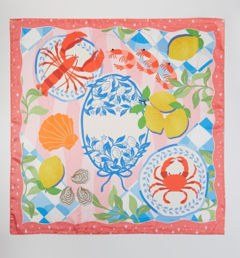 Seaside Feast Print Satin Square Scarf – Daisy Village