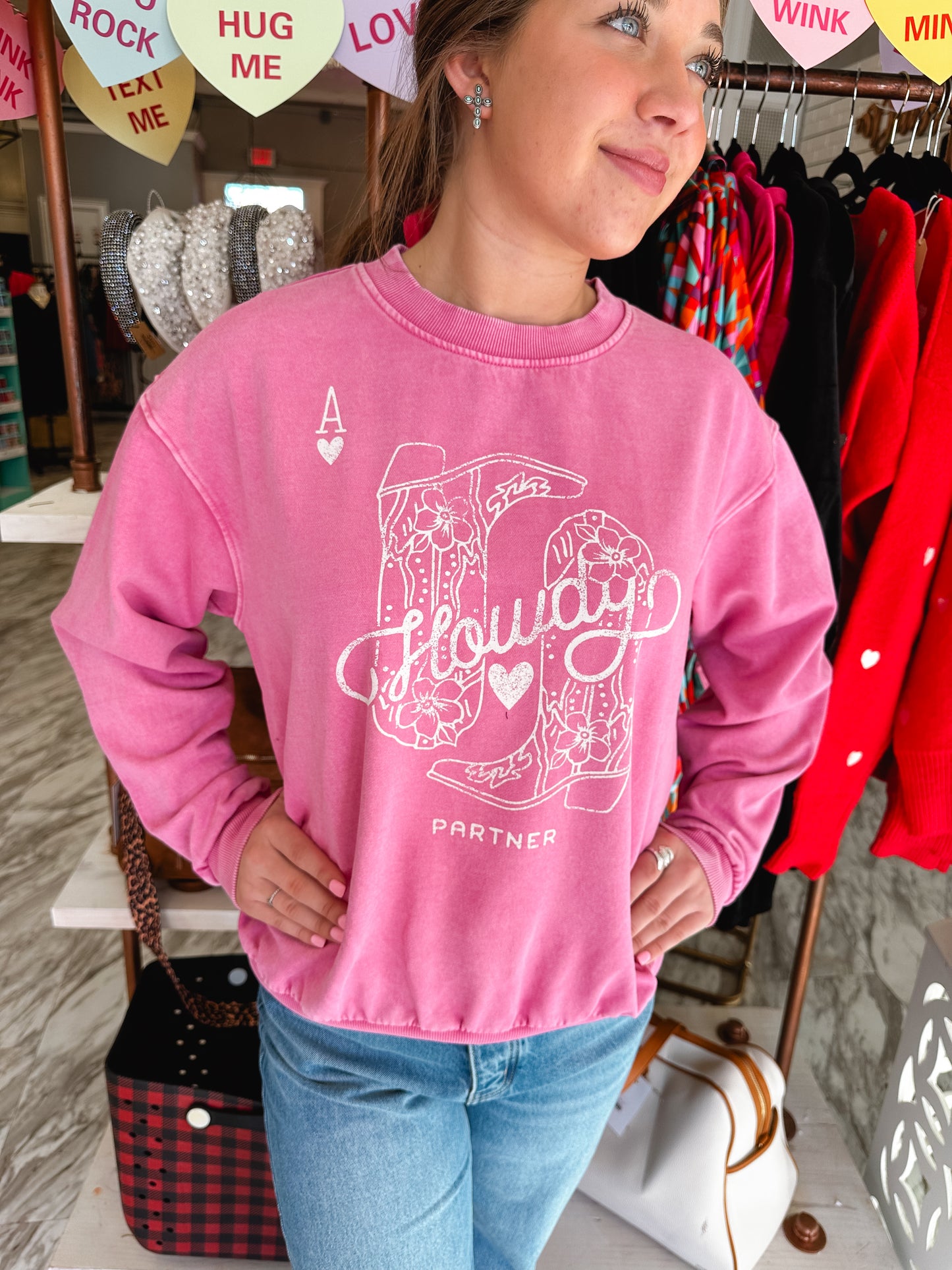 Load image into Gallery viewer, Howdy Partner Pink Mineral Sweatshirt
