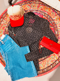 Black Polka Dotted Mesh Long Sleeve Top