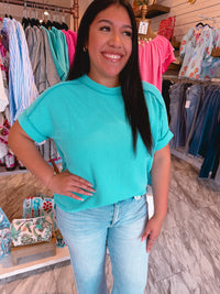 Weekend Get Together Ribbed Short Sleeve Turquoise Top