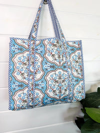Blue Petals Print Quilted Reversible Tote Bag
