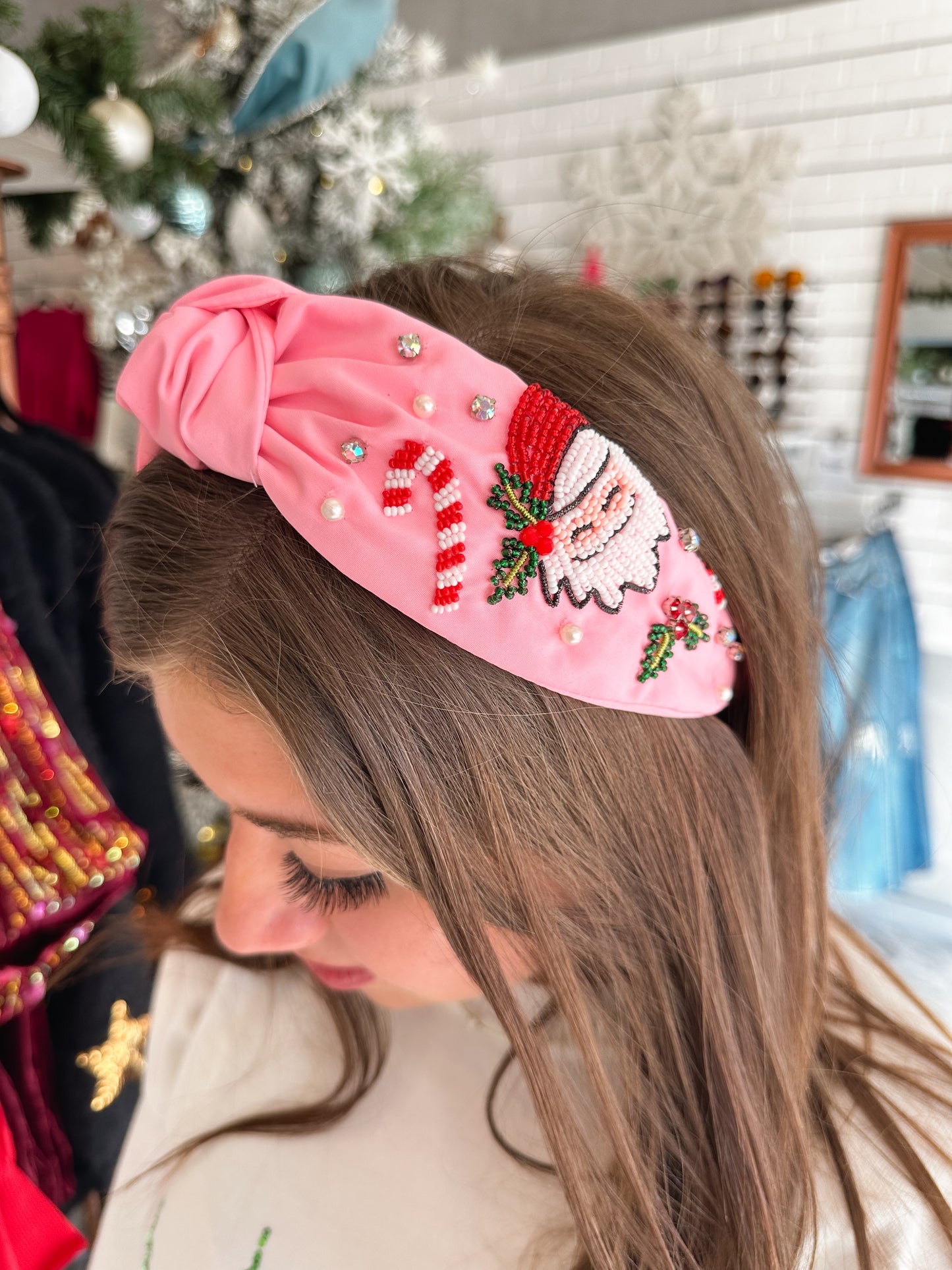 Festive Santa & Candy Canes Pink Headband