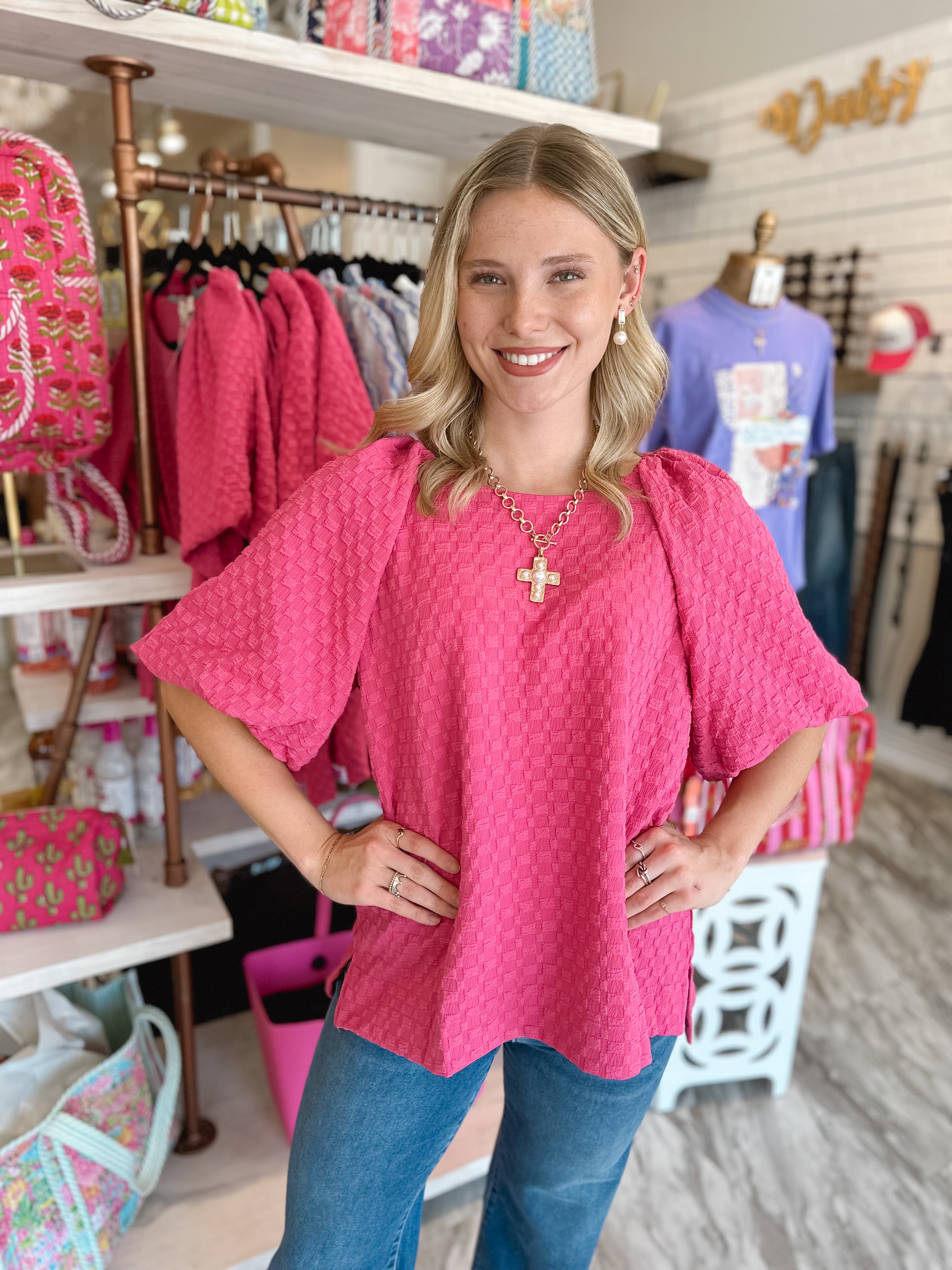 Clearwater Hot Pink Jacquard Puff Sleeve Top – Daisy Village