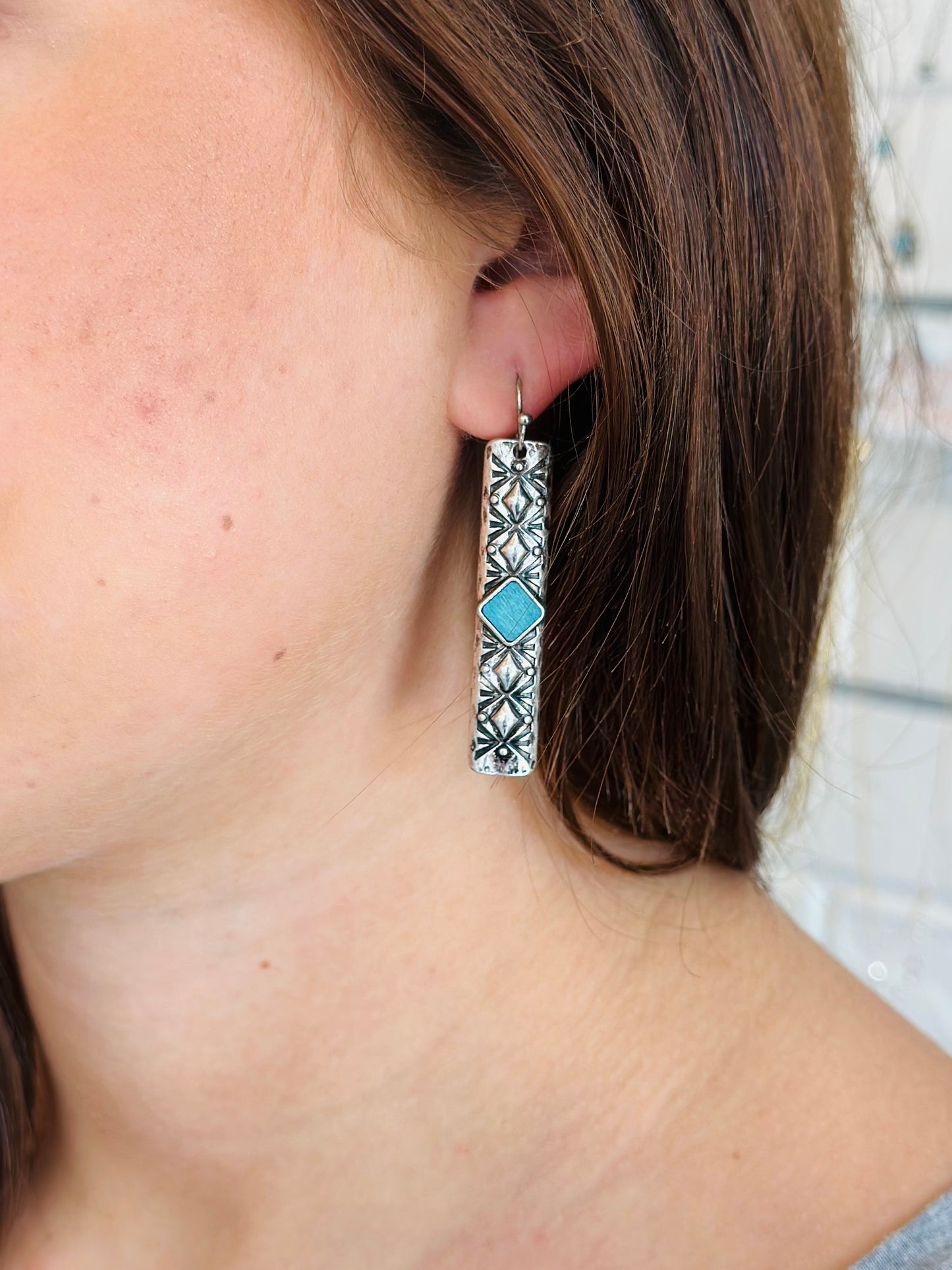 Turquoise Textured Bar Drop Earring