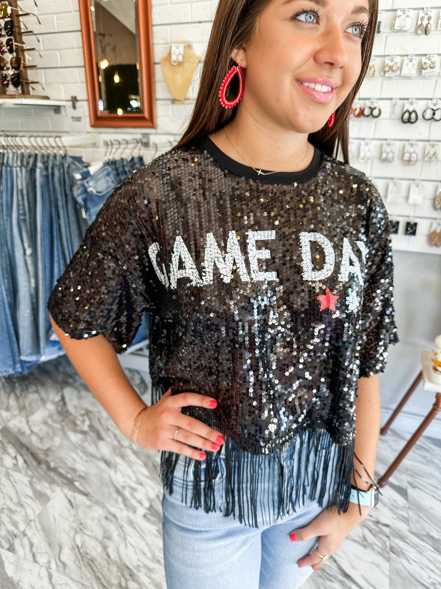 Game Day Chic Black Sequin Fringe Top