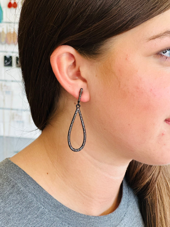 Elongated Crystal Teardrop Gunmetal Earrings