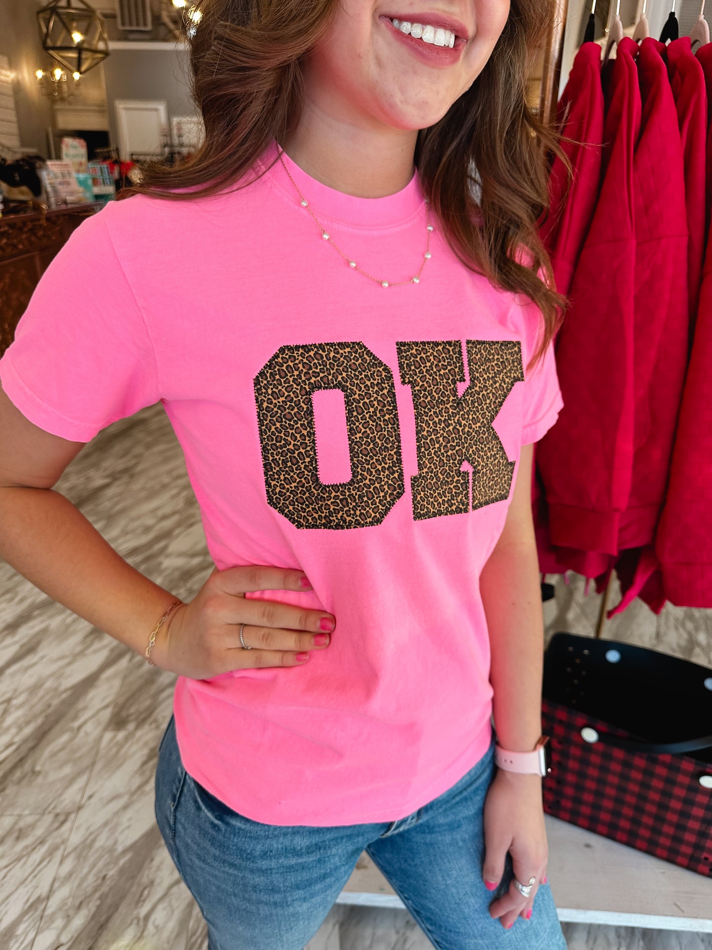 Oklahoma Neon Pink Leopard Patch Comfort Colors Tee