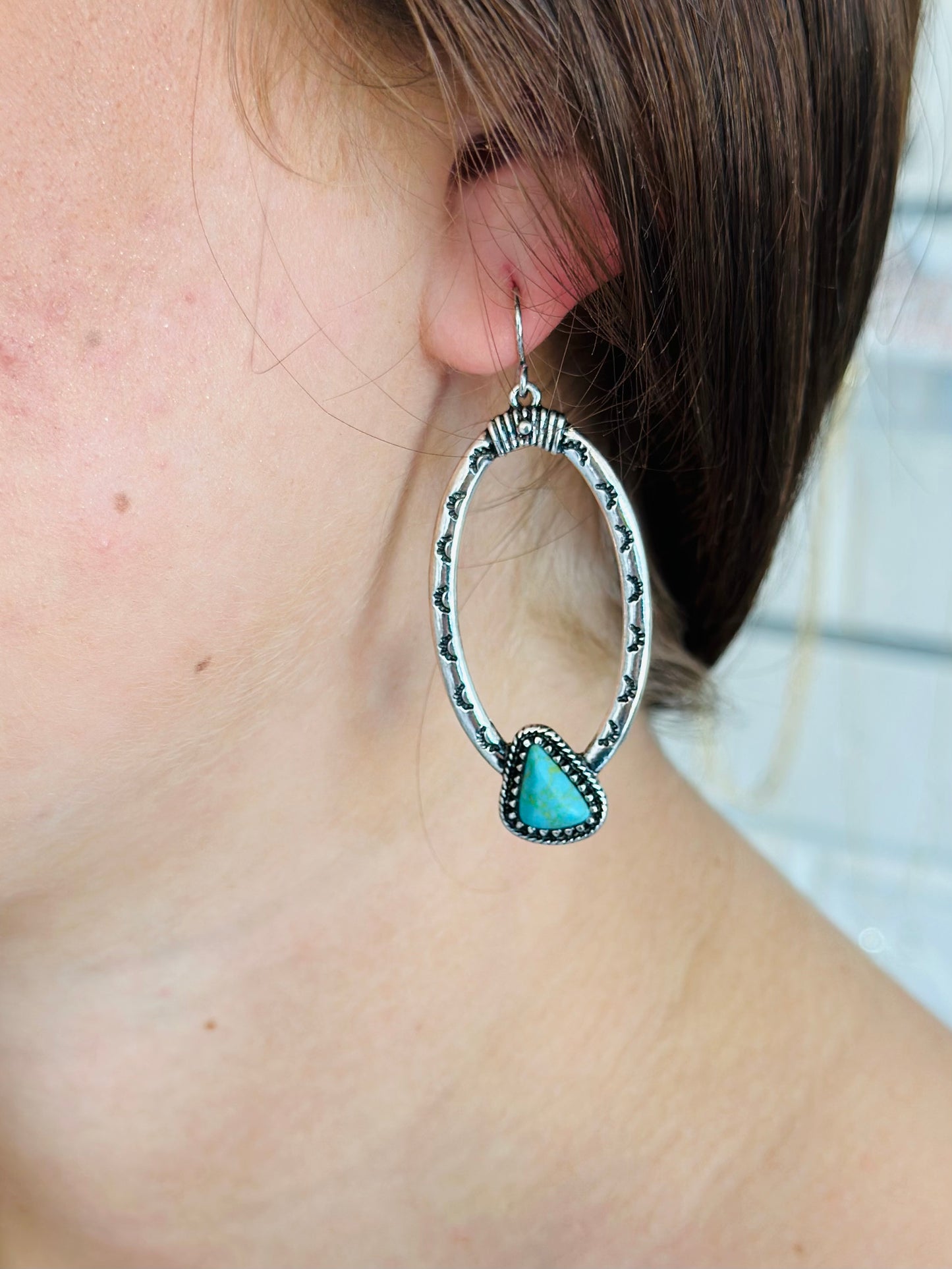 Oval & Silver Turquoise Drop Earrings