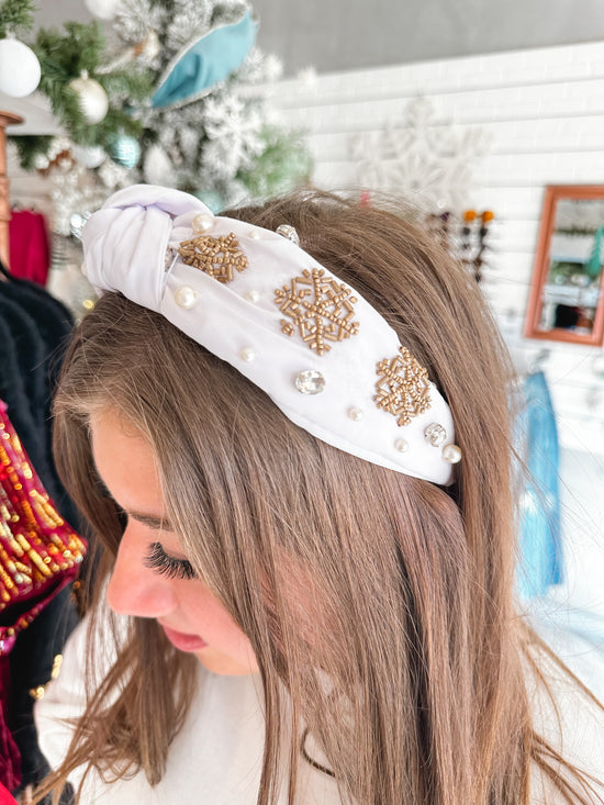 Snowflakes & Crystal White Knotted Headband