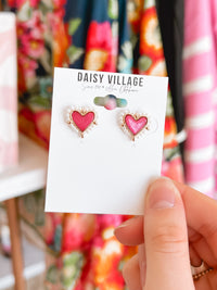 Hot Pink Pearl Heart Stud Earrings