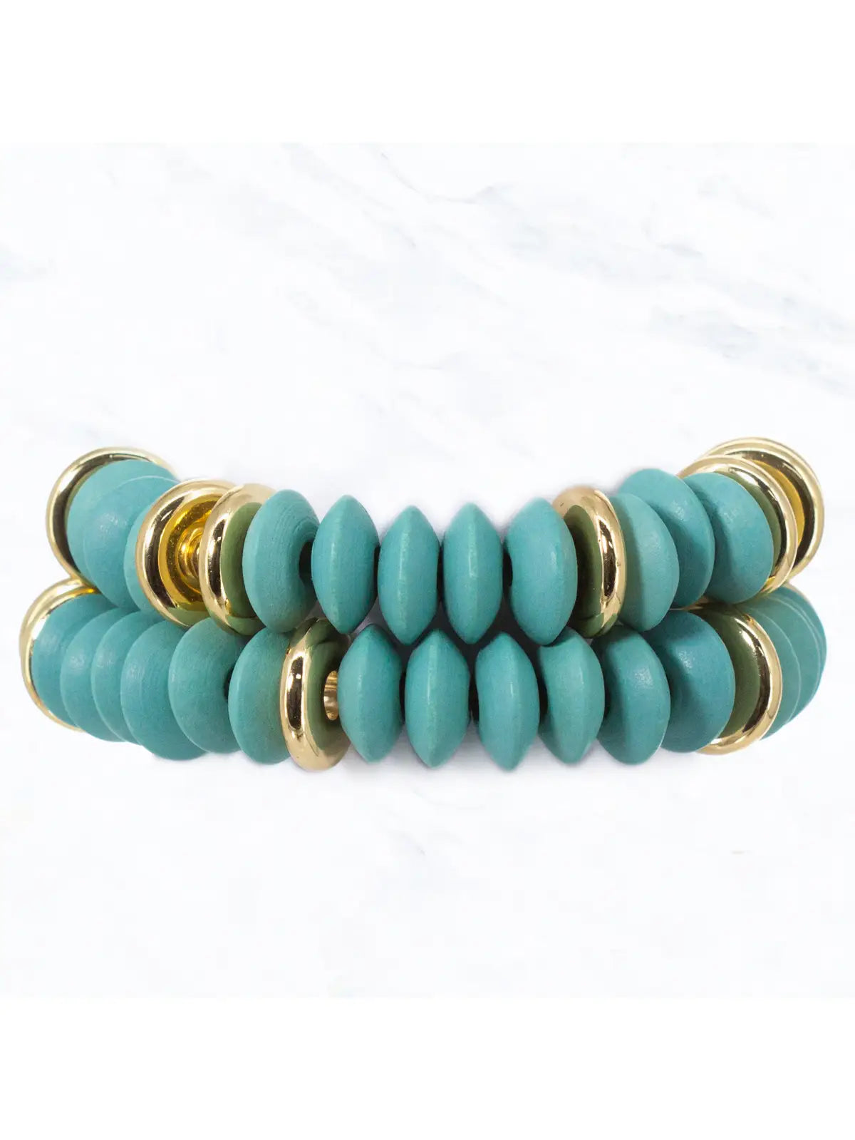 Turquoise Wood & Gold Stretch Bracelet Set