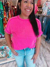 Weekend Get Together Ribbed Short Sleeve Hot Pink Top