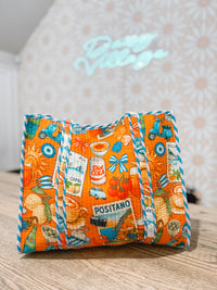 Orange Italian Getaway Print Quilted Reversible Tote Bag