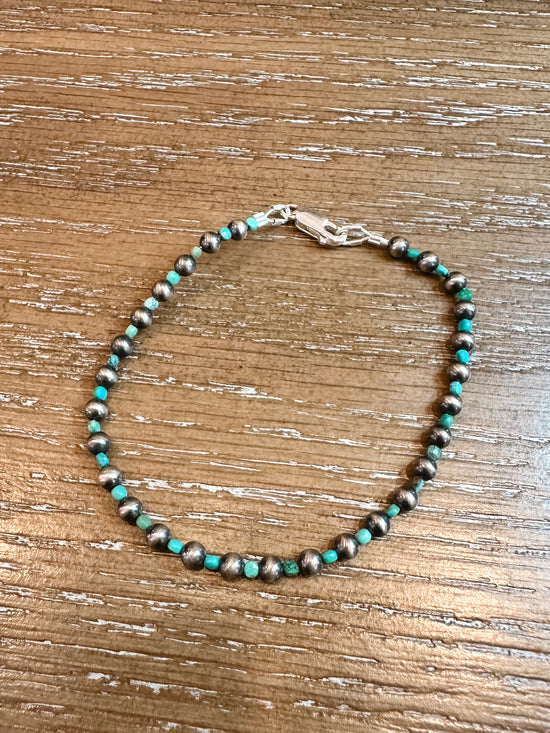4mm Sterling Silver Navajo Pearl & Turquoise Bead Bracelet