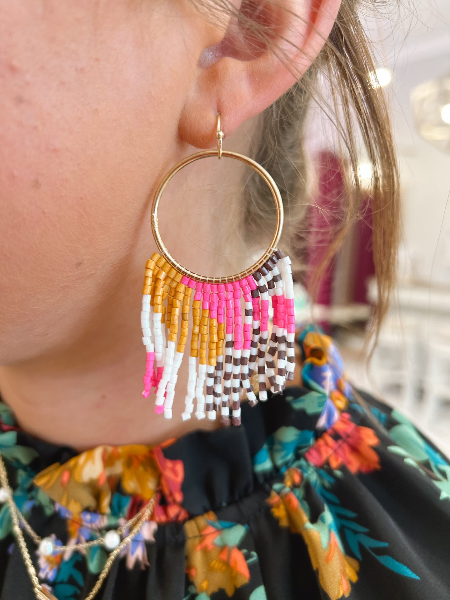 Pink Mix Colorful Fringe Beaded Hoop Earring