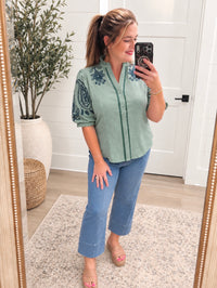 Hazel Tribe Lagoon Embroidered Sleeve Top
