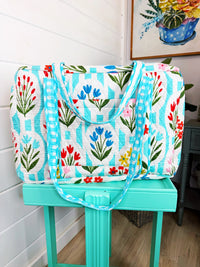 Aqua Garden Party Print Quilted Weekender Duffle Bag