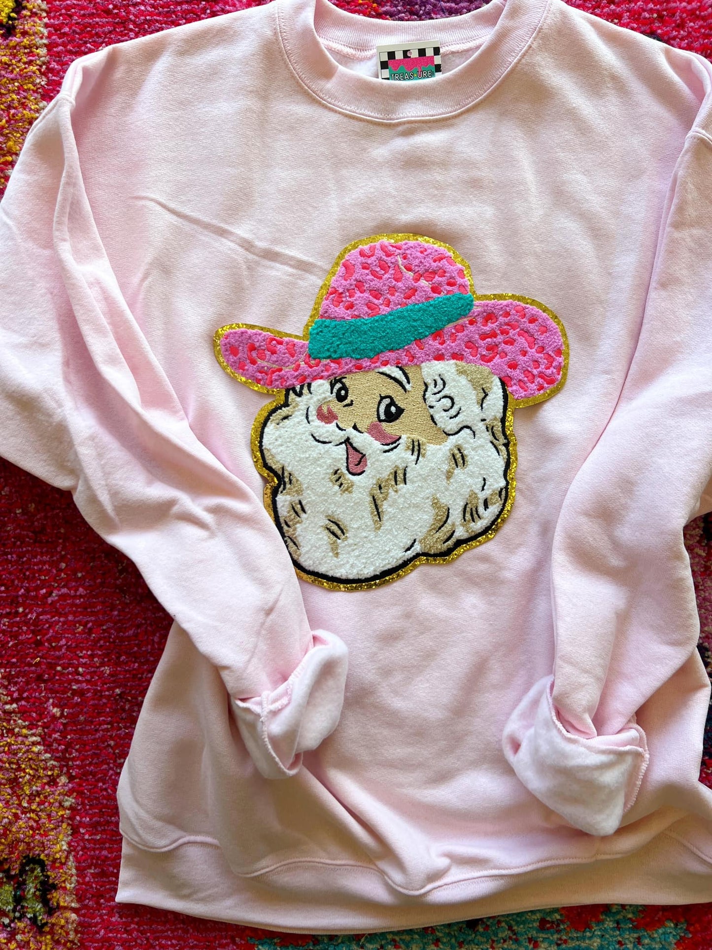 Cowboy Santa Chenille Patch Pink Sweatshirt