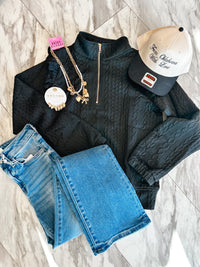 In the Moment Ruffle Cable Knit Quarter Zip Black Pullover