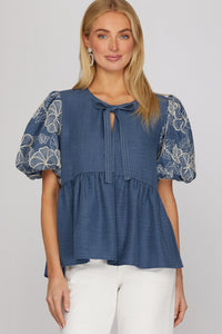 Tuscan Sky Embroidered Denim Top