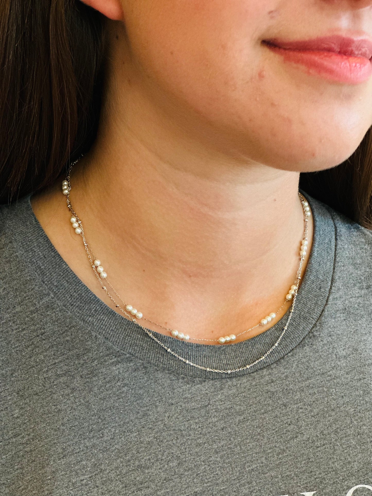Dainty Layered Pearl Silver Necklace