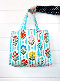 Aqua Garden Party Quilted Reversible Tote Bag