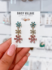 Colorful Triple Flower Link Dangle Earrings