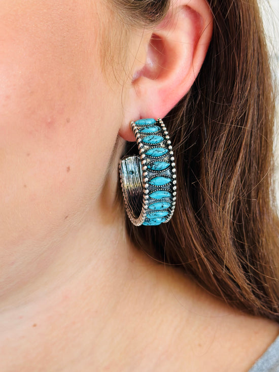 Load image into Gallery viewer, Turquoise Stone Hoop Earrings
