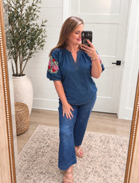 Happy Day Floral Embroidered Denim Top
