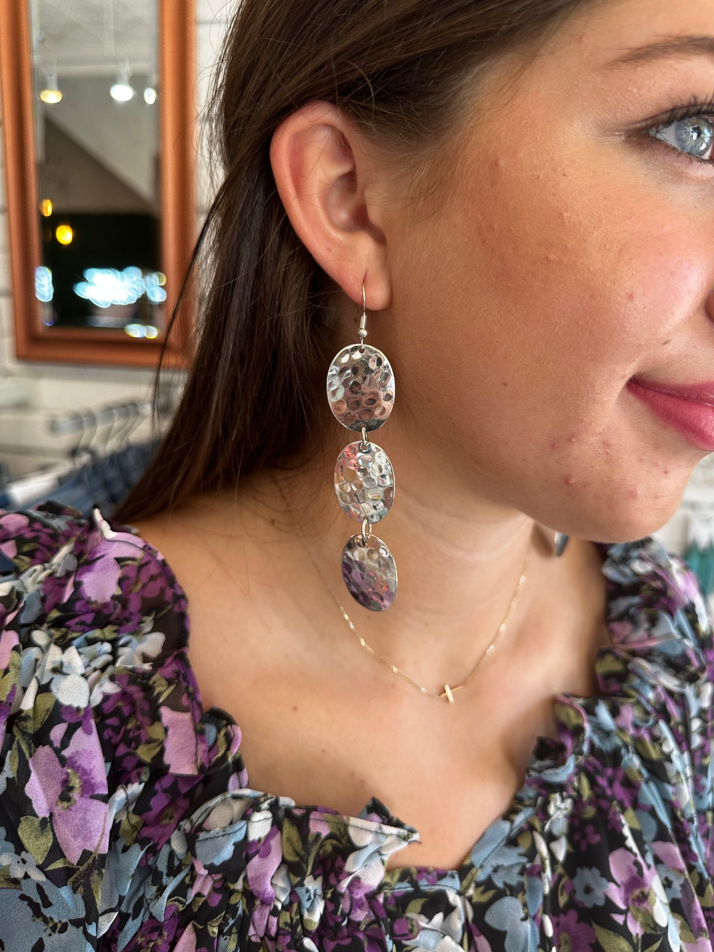 Triple Hammered Oval Drop Earrings