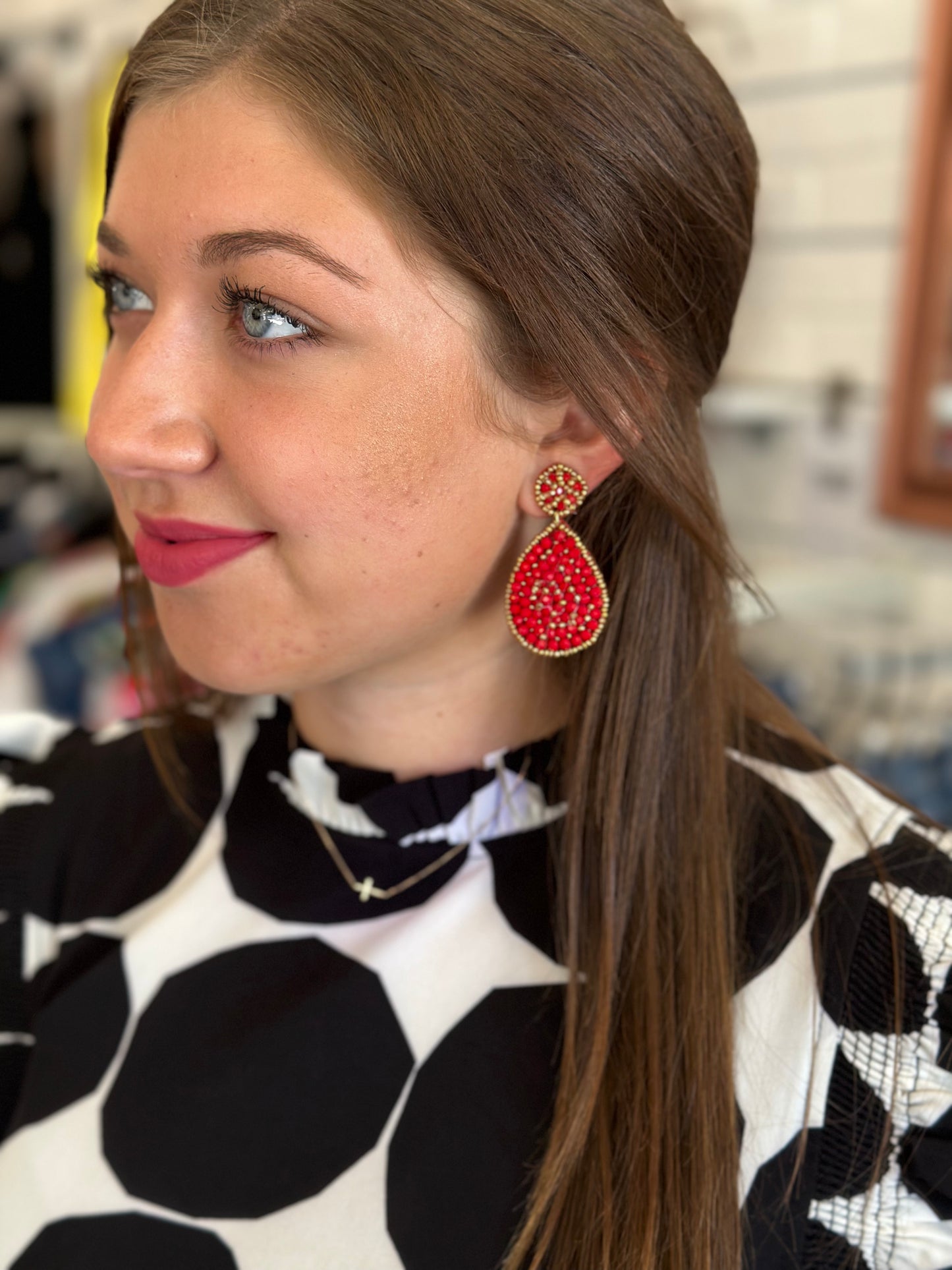 Gameday Red Seed Bead Double Teardrop Earring