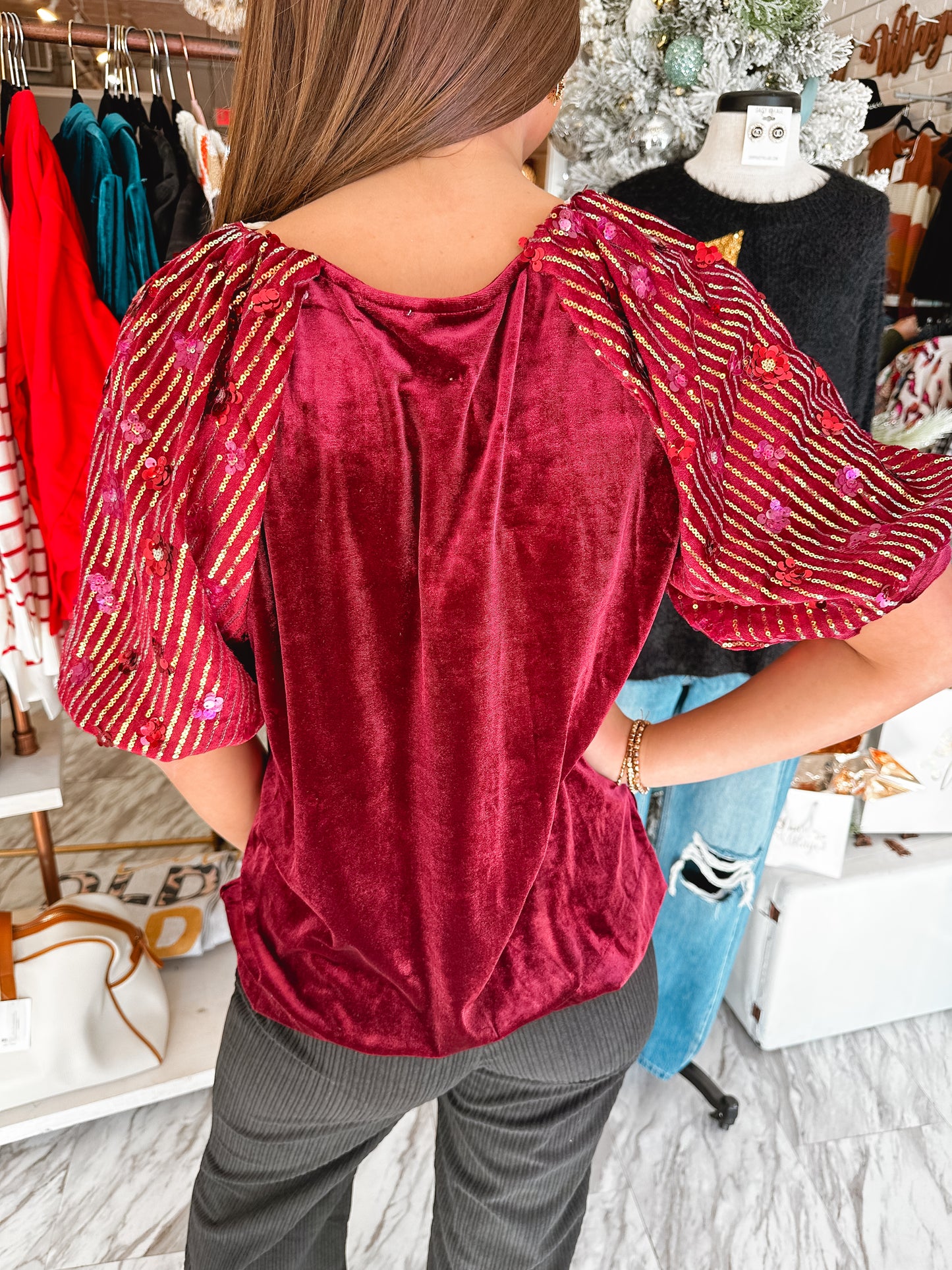 Cheers Velvet & Sequin Wine Top