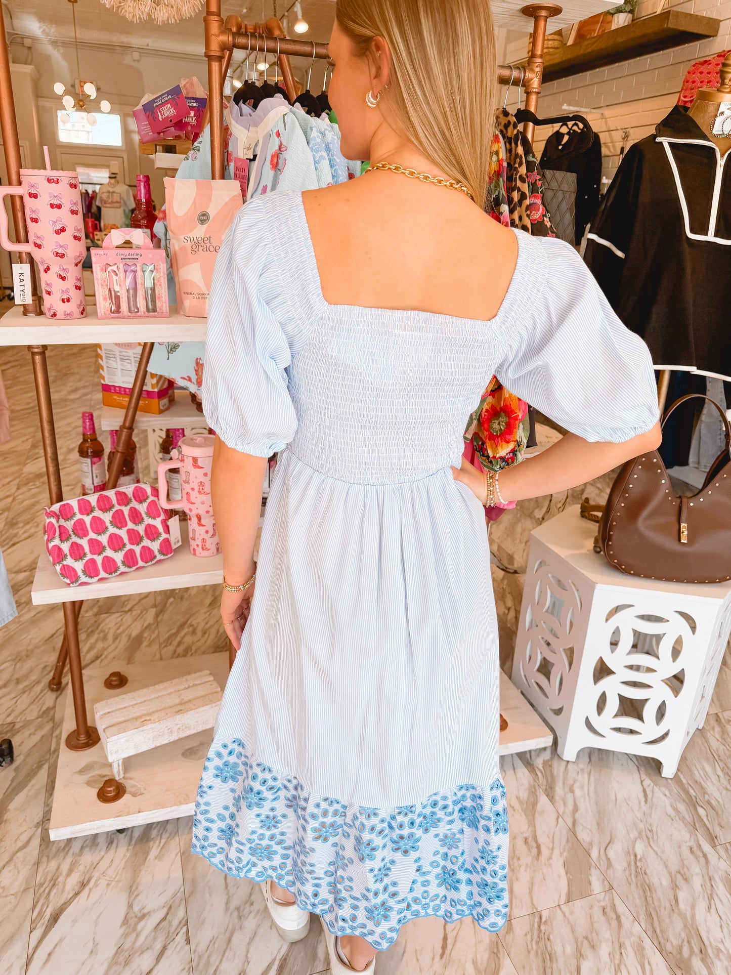 Clear Skies Light Blue Smocked Midi Dress M Clear Skies Light Blue Smocked Midi Dress M