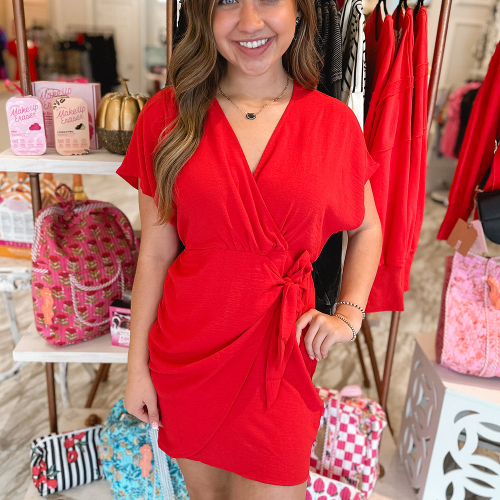 short red wrap dress Cami Angel Sleeve Faux Wrap Dress Red