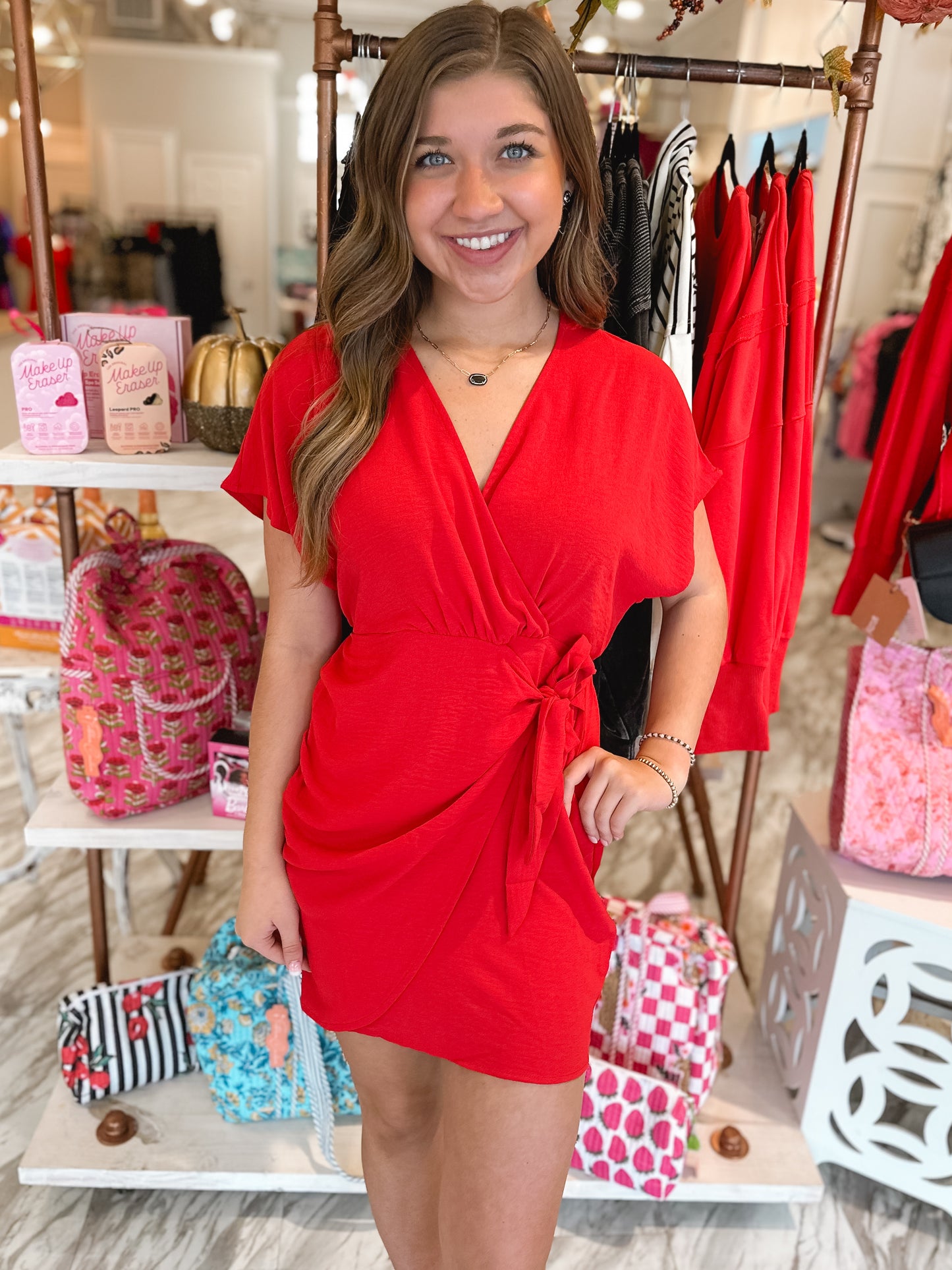 mini wrap dress red Red Silk Blend Mini Wrap Dress, Long Sleeve Occasion Dress