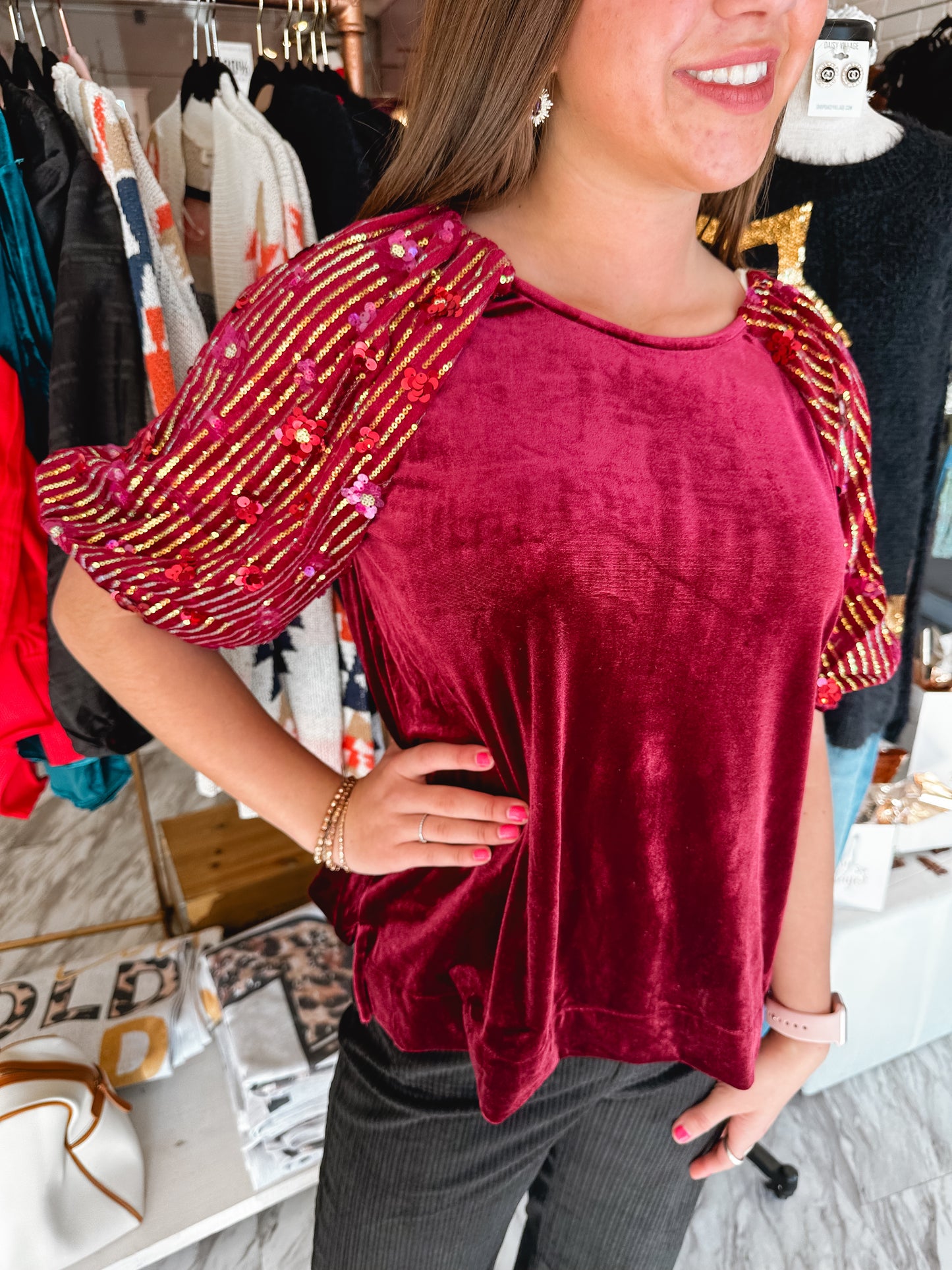 Cheers Velvet & Sequin Wine Top