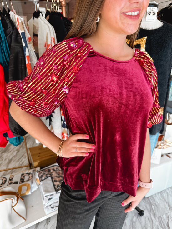 Cheers Velvet & Sequin Wine Top
