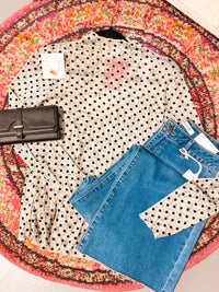 Cream Polka Dotted Mesh Long Sleeve Top