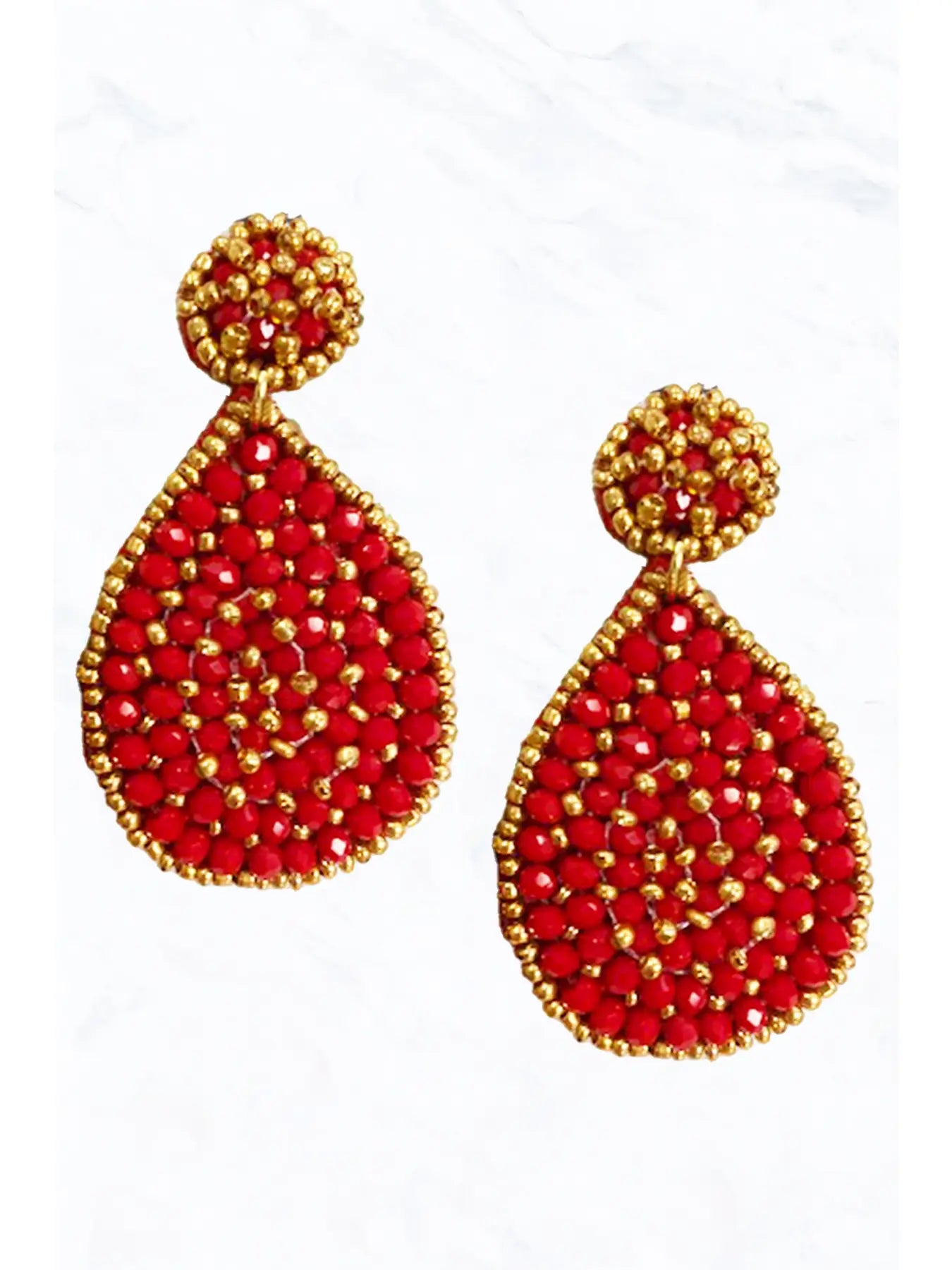 Load image into Gallery viewer, Gameday Red Seed Bead Double Teardrop Earring
