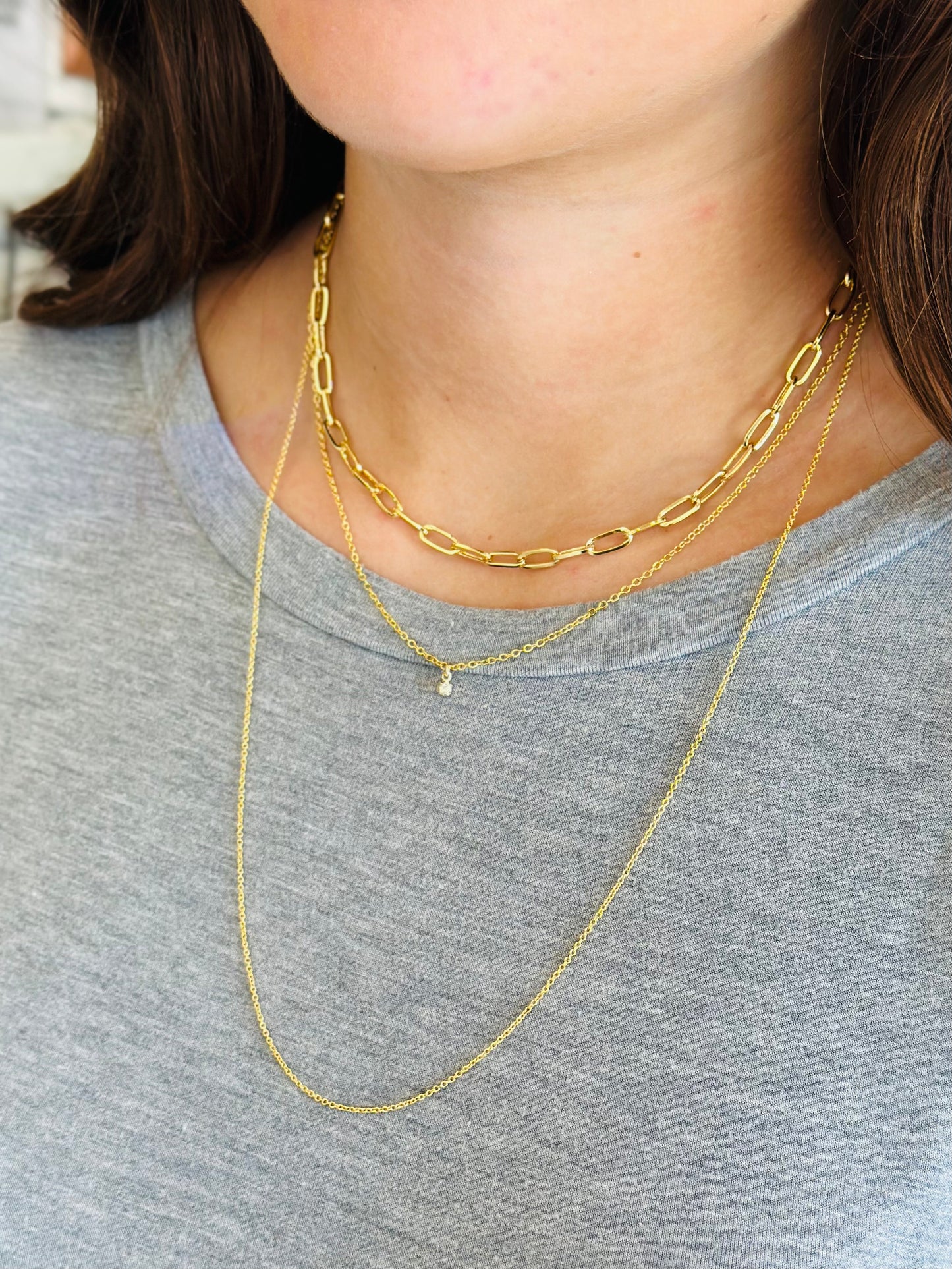 3 Layer Rhinestone CZ Pendant & Paperclip Necklace