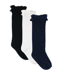 Black, White & Dark Navy Knee High Ruffle Sock Pack Set