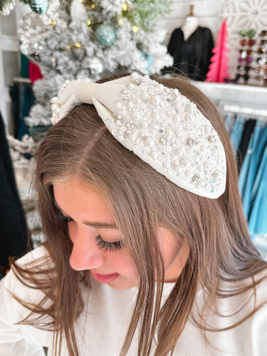 Load image into Gallery viewer, Ivory Pearl + Sequin Knot Headband
