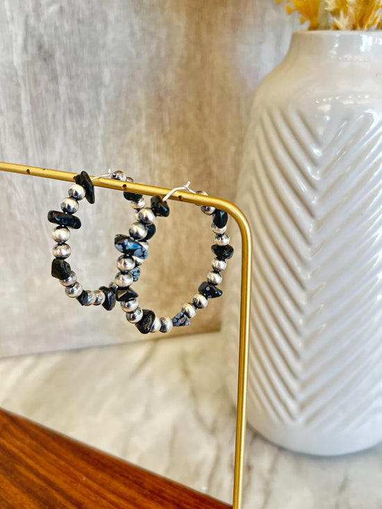 Dolly Obsidian Snowlake & Navajo Pearl Sterling Silver Hoop Earrings