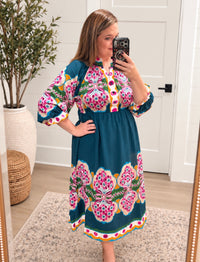 Prairie Fire Teal Boho Floral Midi Dress