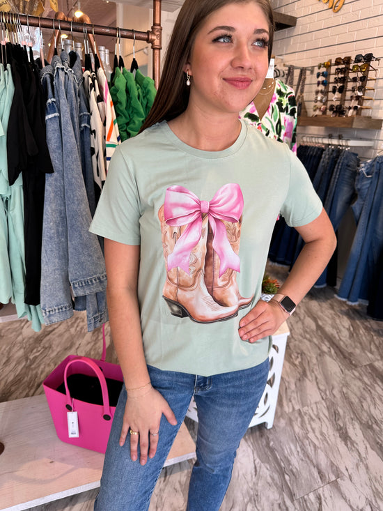 Girly Cowgirl Bow & Boots Sage Tee