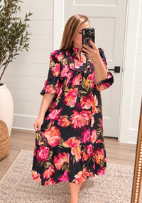 Wildflower Romance Black Floral Print Midi Dress