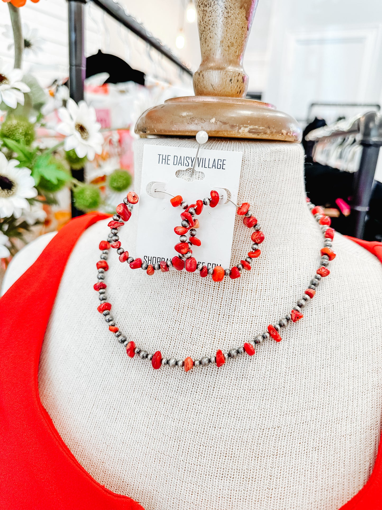 Red Coral Graduated Navajo Pearl Necklace